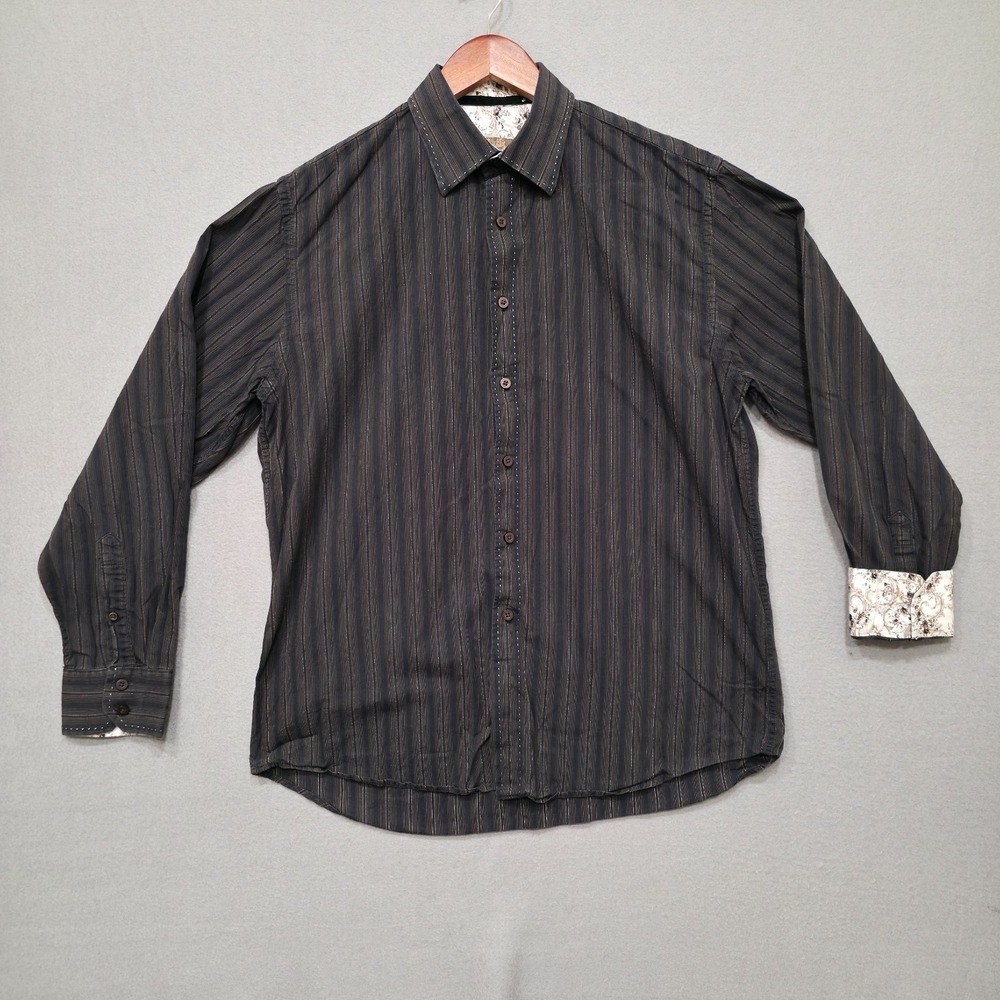 Blue Men's Brown Striped‎ Long Sleeve Button Up Flip Cuff Shirt Size Large